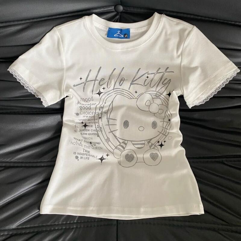 Street Fashion Tshirt - 夏の女性の新しいスイートクールレトロハローキティレース半袖Tシャツスリムトップスかわいいストリートファッション2026半袖インズ