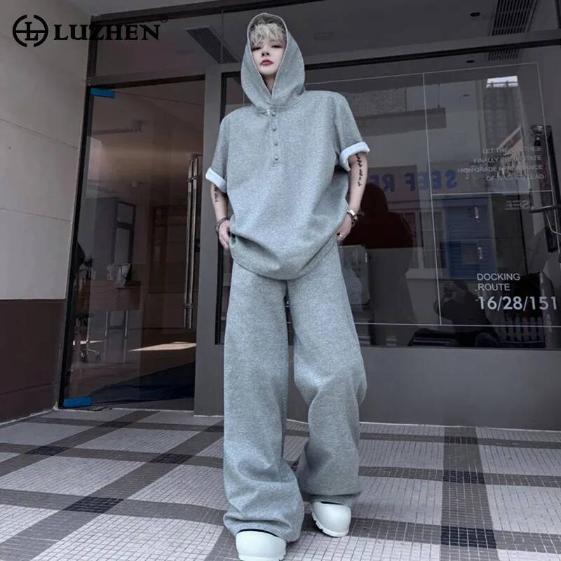 Street Fashion In China - LUZHEN オリジナルトップススリーブ 2026 ショートサマーパーカー新しいメンズルーズストレートカジュアルパンツファッションストリートツーピースセット JY7334