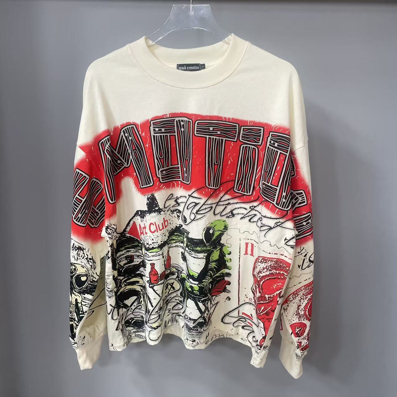 Street Fashion Tshirt - 高品質デザイナー MIXED-EMOTION 長袖Tシャツ 100%コットン メンズ＆レディース ヴィンテージプリント＆ホットフィックスラインストーン