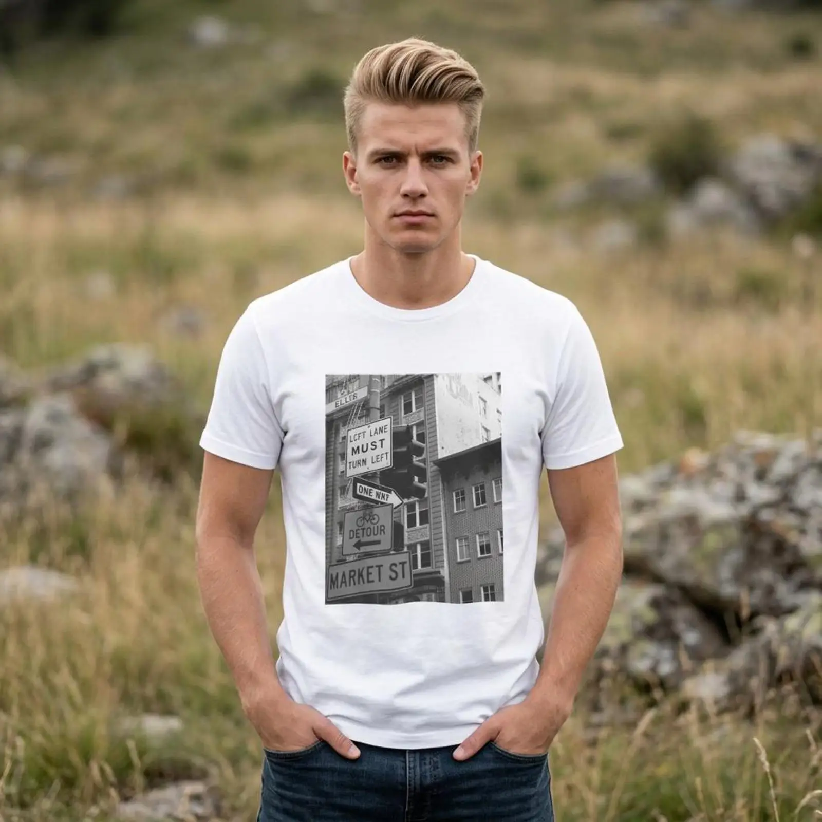 Urban Street Fashion Photography - マーケットストリートの街標写真Tシャツ ヴィンテージ ブラック＆ホワイト アーバンフォトグラフィー ヴィンテージウォッシュ ストレッチ加工
