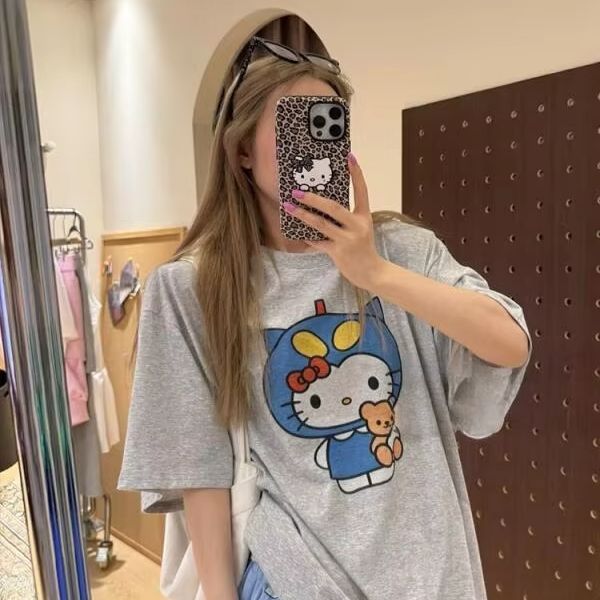 Street Fashion Tshirt - 半袖ハローキティプリント Tシャツサンリオレディース夏新作ルーズデザイン多用途純綿トップス楽しいストリートファッション