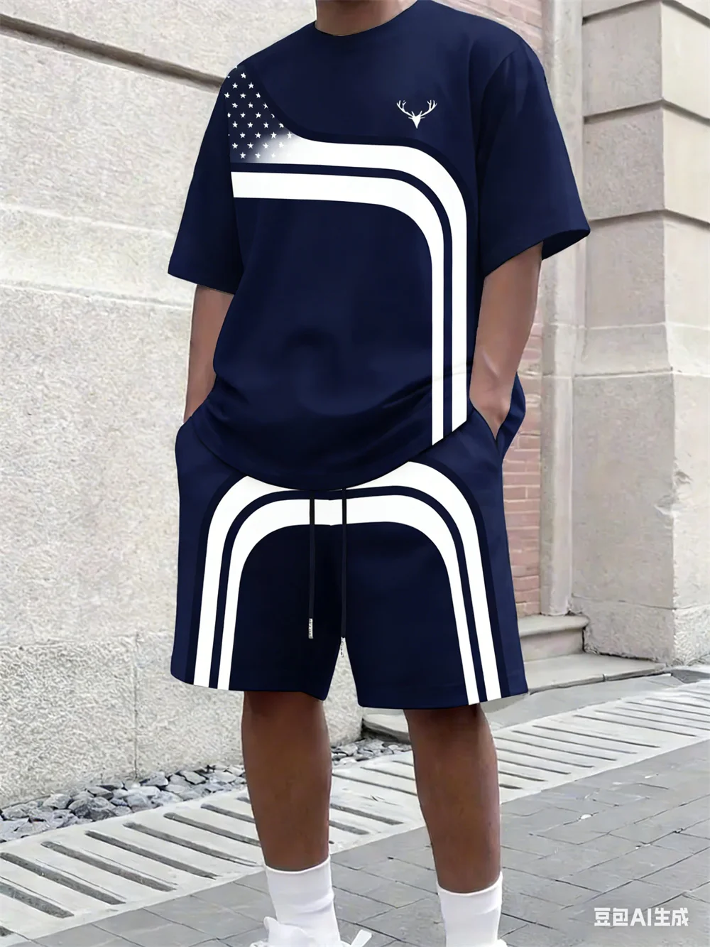 Street Fashion Tshirt - ファッション夏メンズストライププリント快適な通気性のあるラウンドネック Tシャツショーツセットアウトドアハイストリート服 Tシャツセット