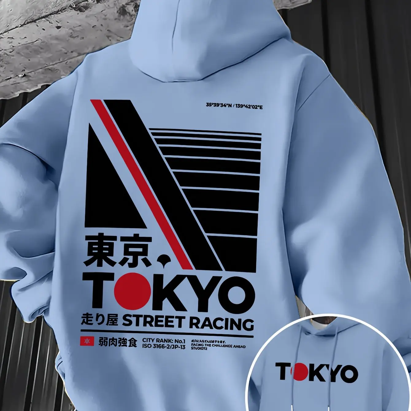 Street Fashion Guys - レトロ JDM 東京レーシング両面プリントメンズパーカー漢字文字幾何学模様ストリートファッションカーガイ長袖トップス