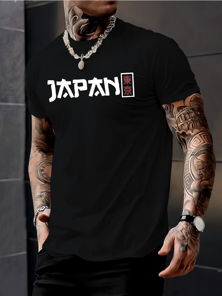 Street Fashion Guys - 男性用半袖クルーネックTシャツ 日本 東京 漢字プリント 薄手コットン 夏