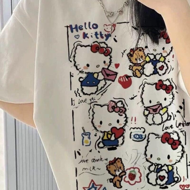 Street Fashion Tshirt - 半袖サマーハローキティグラフィティプリントTシャツ レディース コットン Y2K キュートな漫画柄 人気ストリートファッション