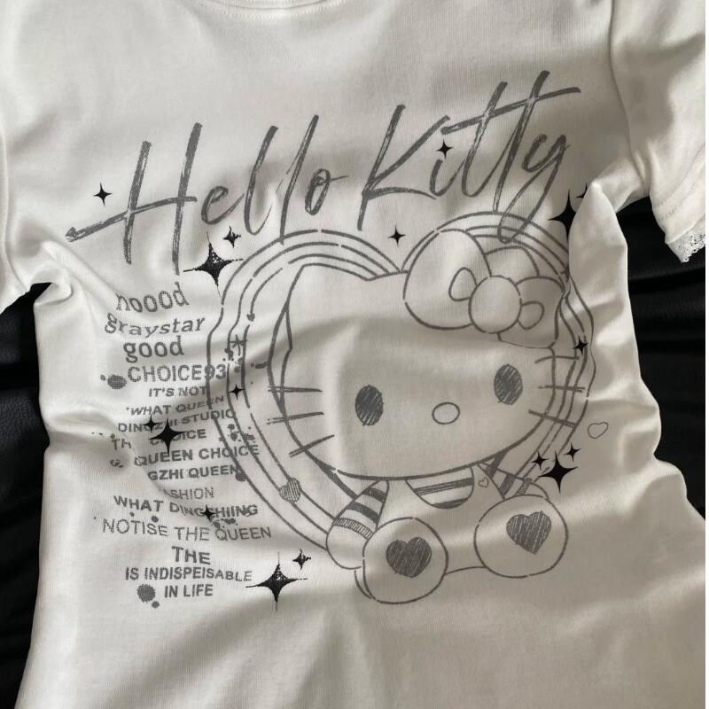 夏の女性の新しいスイートクールレトロハローキティレース半袖T - Street Fashion Tshirt のレビューと価格